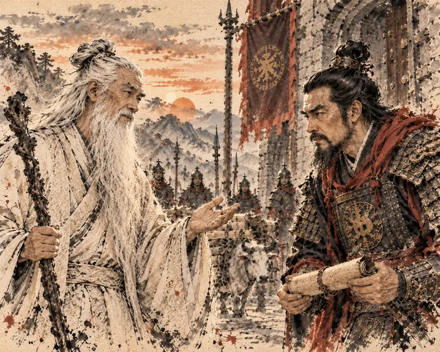 Tuschezeichnung: Laozi mit weißem Bart und Wanderstab spricht am Grenzpass mit dem gerüsteten Wächter Yin Xi, der eine Schriftrolle hält, im Hintergrund Soldaten und ein beladener Ochse