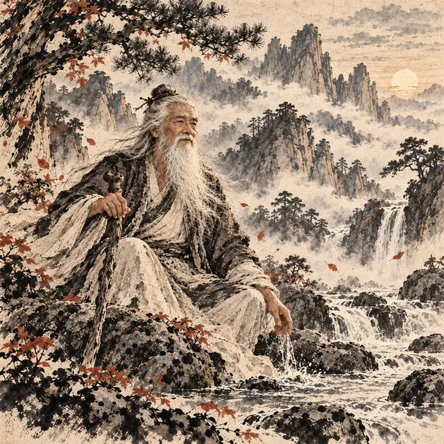 Tuschezeichnung: Laozi als alter Weiser mit langem weißem Bart und Wanderstab sitzt auf einem Felsen am Bergbach und lässt Wasser durch seine Hand rinnen, dahinter Wasserfälle und Berggipfel