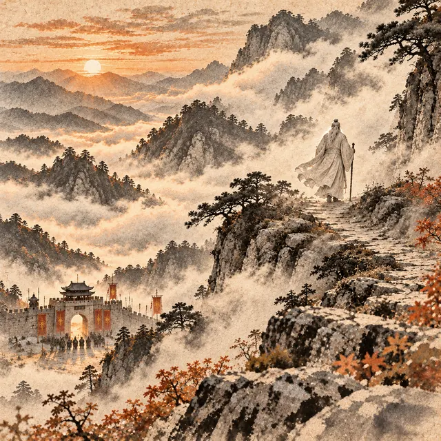 Tuschezeichnung: Laozi in weißem Gewand wandert mit Wanderstab einen Bergpfad hinauf in die Wolken, tief unten liegt das Tor des Grenzpasses im Abendlicht